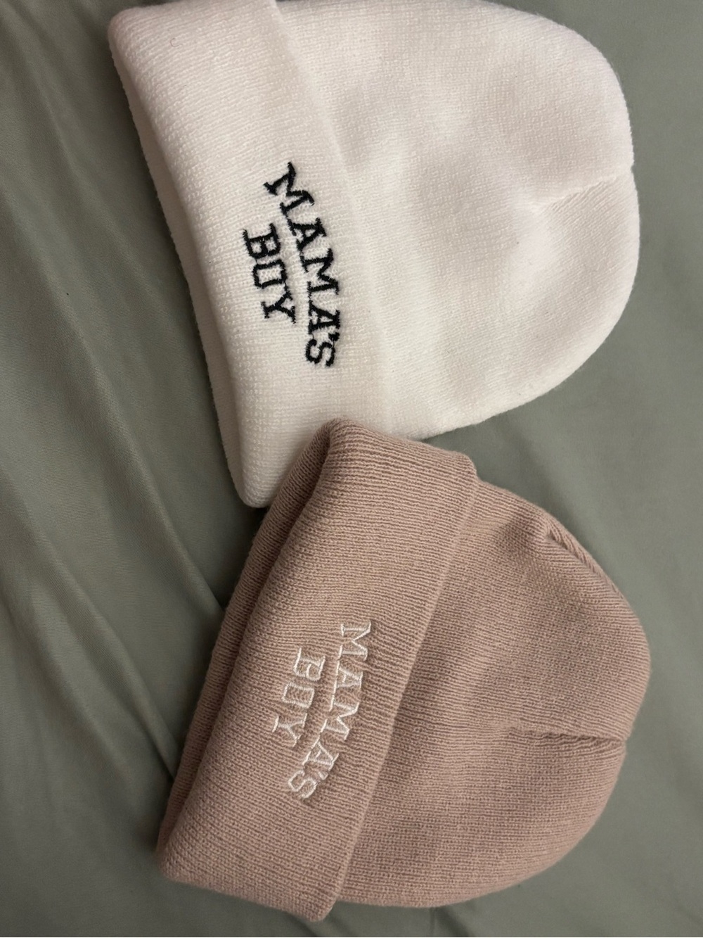 Mama's Boy Embroidered Beanie Duo - White & Cream
